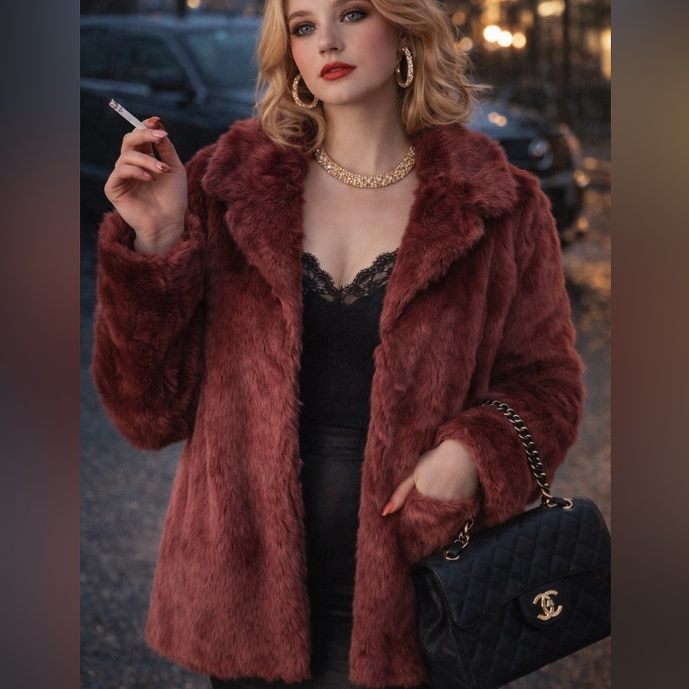 Jou Jou Burgundy Faux Fur Scandi Girl Chic Jacket Size S